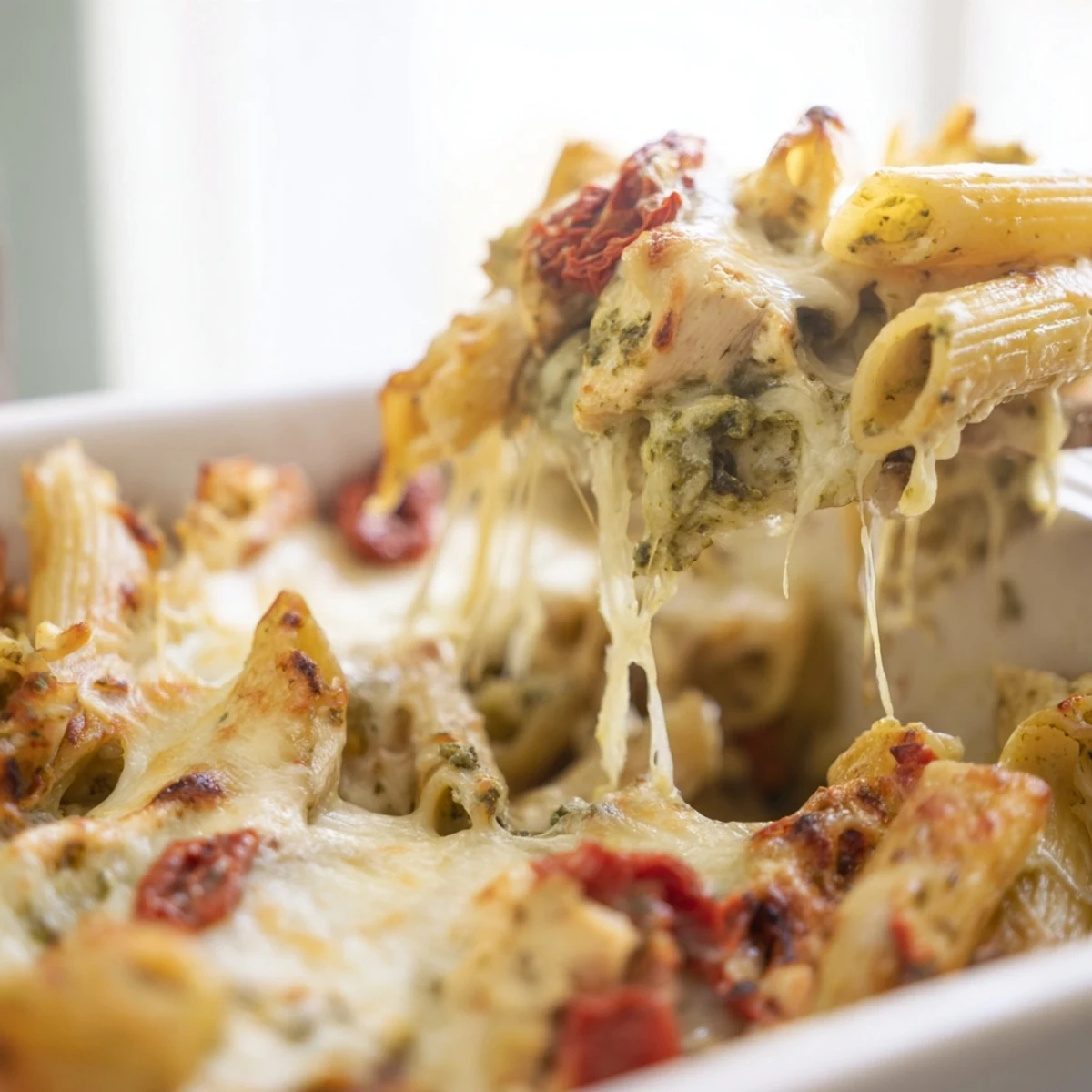 Golden bubbling pesto chicken pasta bake topped with melted mozzarella and fresh basil