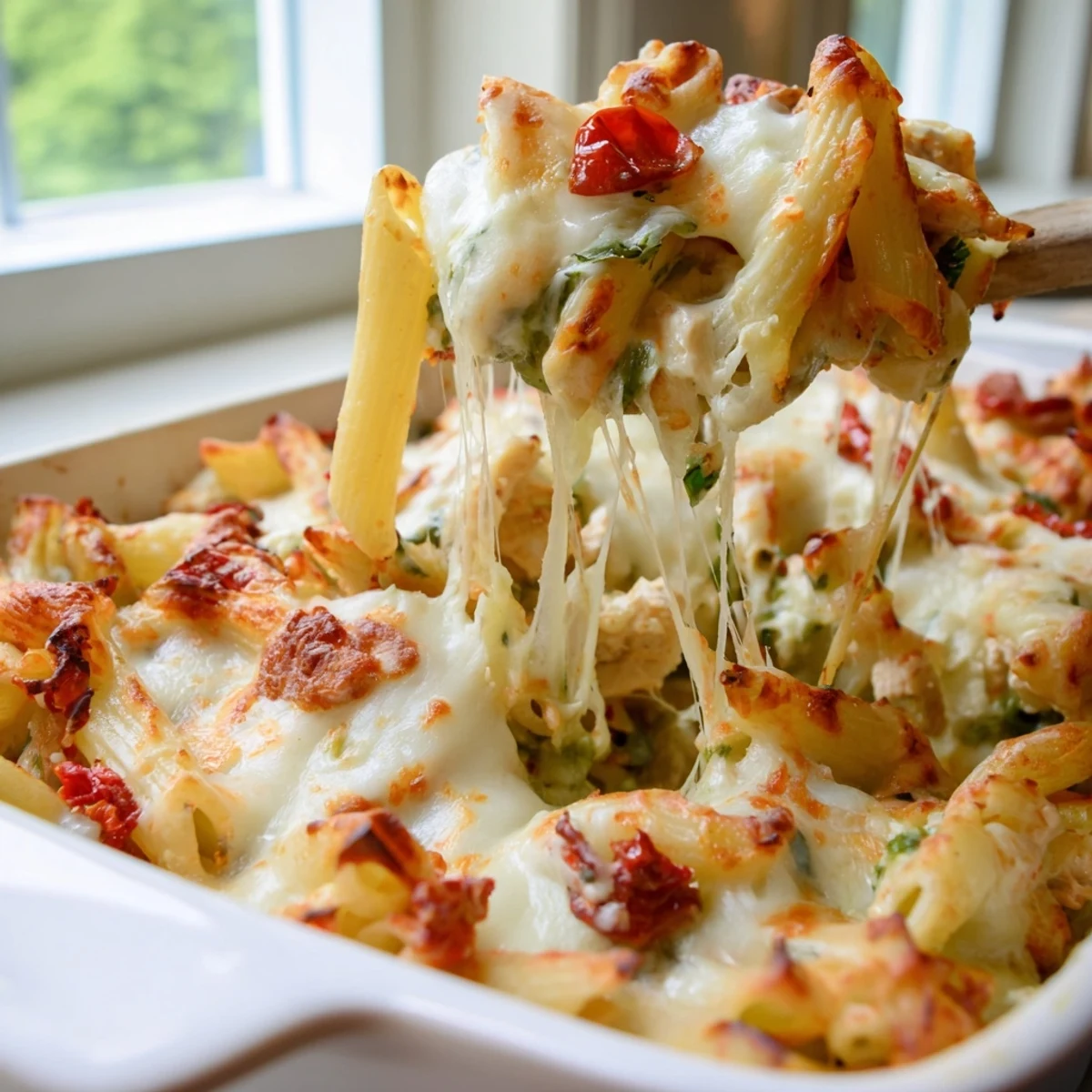 Creamy pesto chicken pasta bake with sun-dried tomatoes in a cast iron skillet