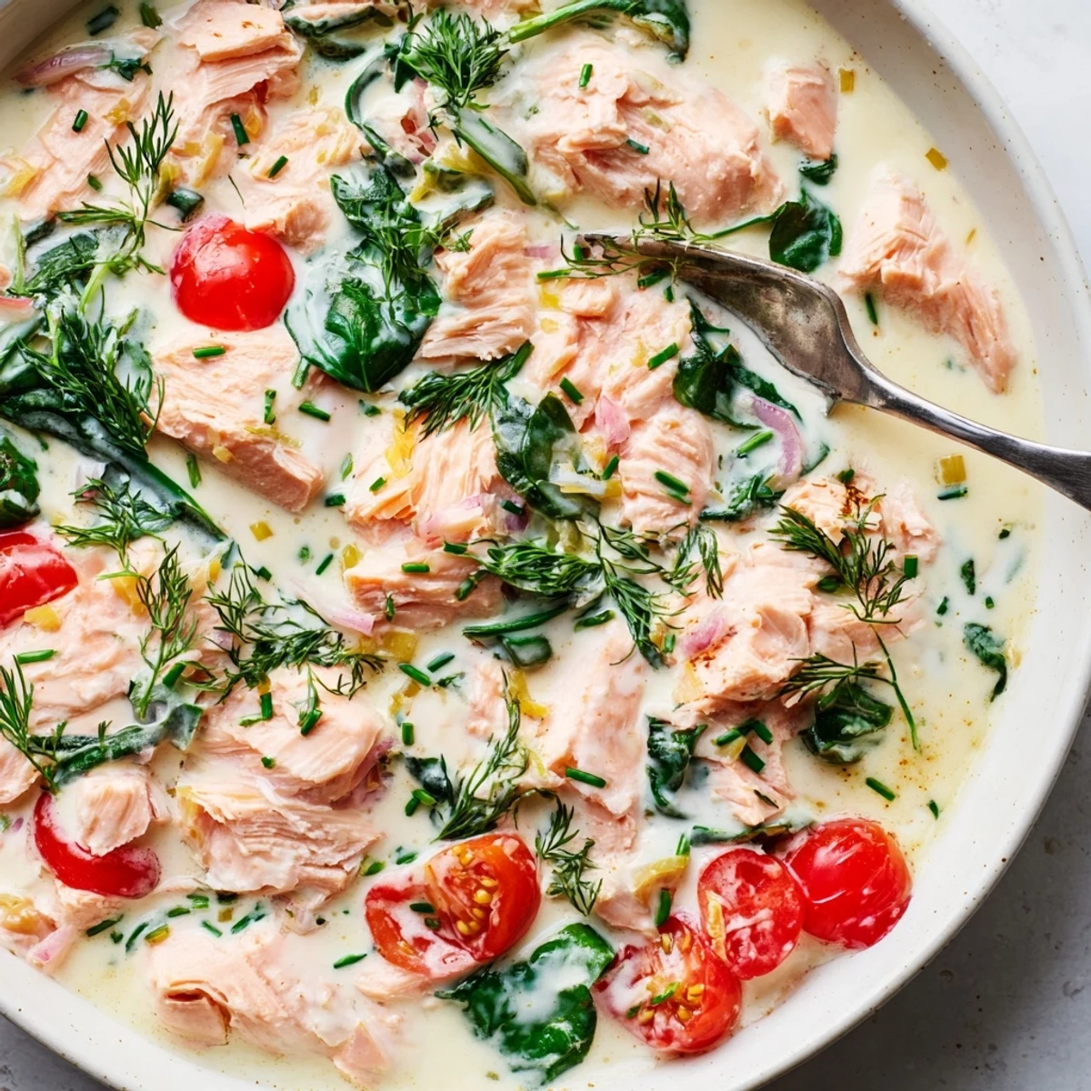 A bowl of healthy creamy leftover salmon topped with bright lemon zest and chopped chives