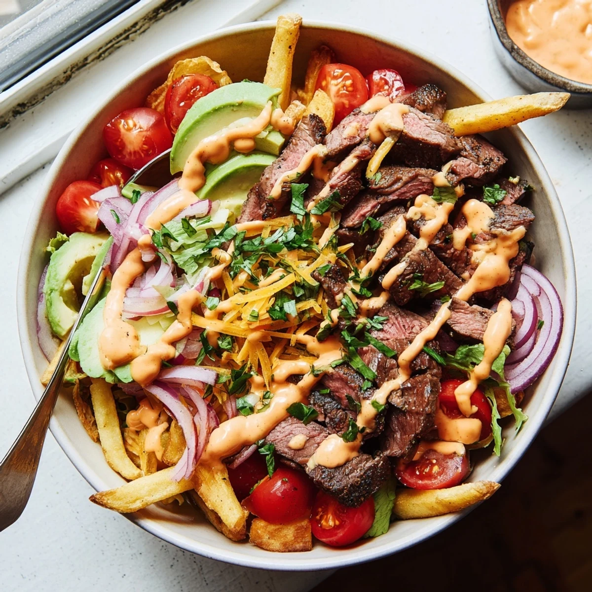 Tender seared steak strips piled over crunchy fries with fresh avocado slices