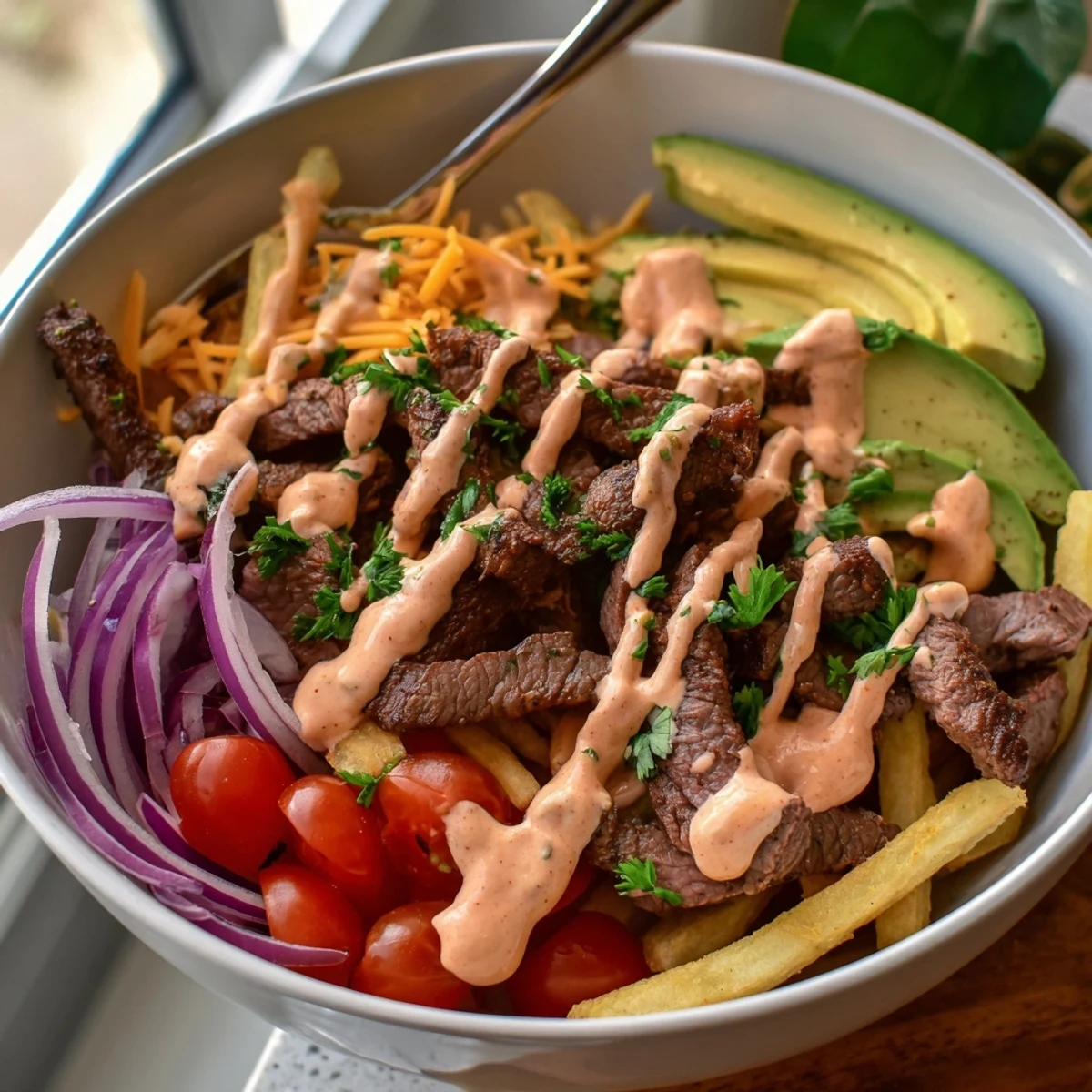 Hearty steak strips and crispy fries bowl drizzled with smoky, golden sauce