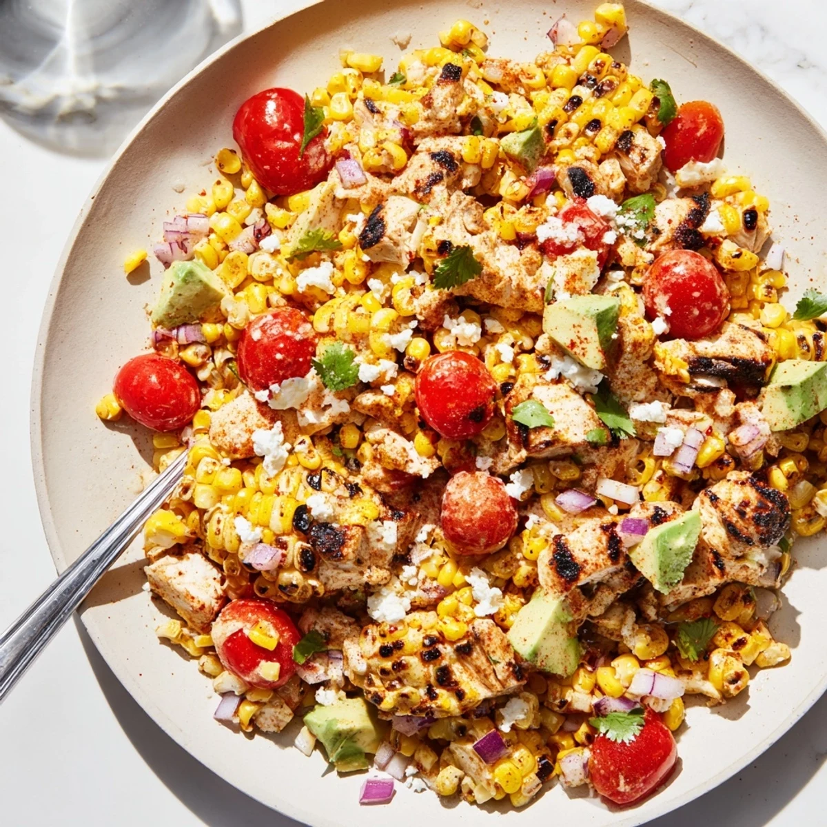 High Protein Chicken Street Corn Salad served in a bowl with crumbled cotija and avocado