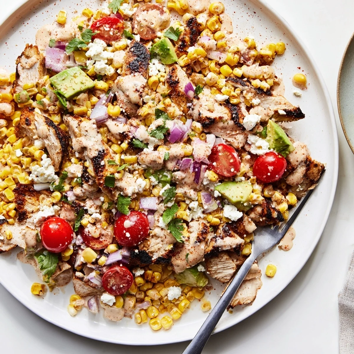 Charred corn and juicy grilled chicken in a vibrant High Protein Chicken Street Corn Salad