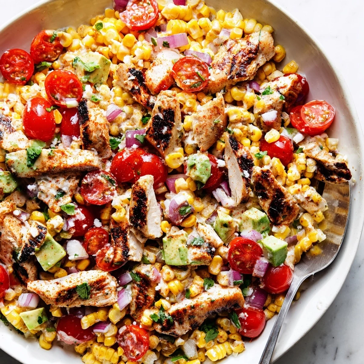 High Protein Chicken Street Corn Salad topped with creamy dressing and fresh cilantro