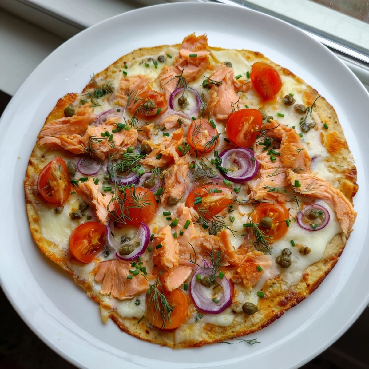 Flaky salmon and bright cherry tomatoes top a crispy baked leftover salmon tortilla pizza