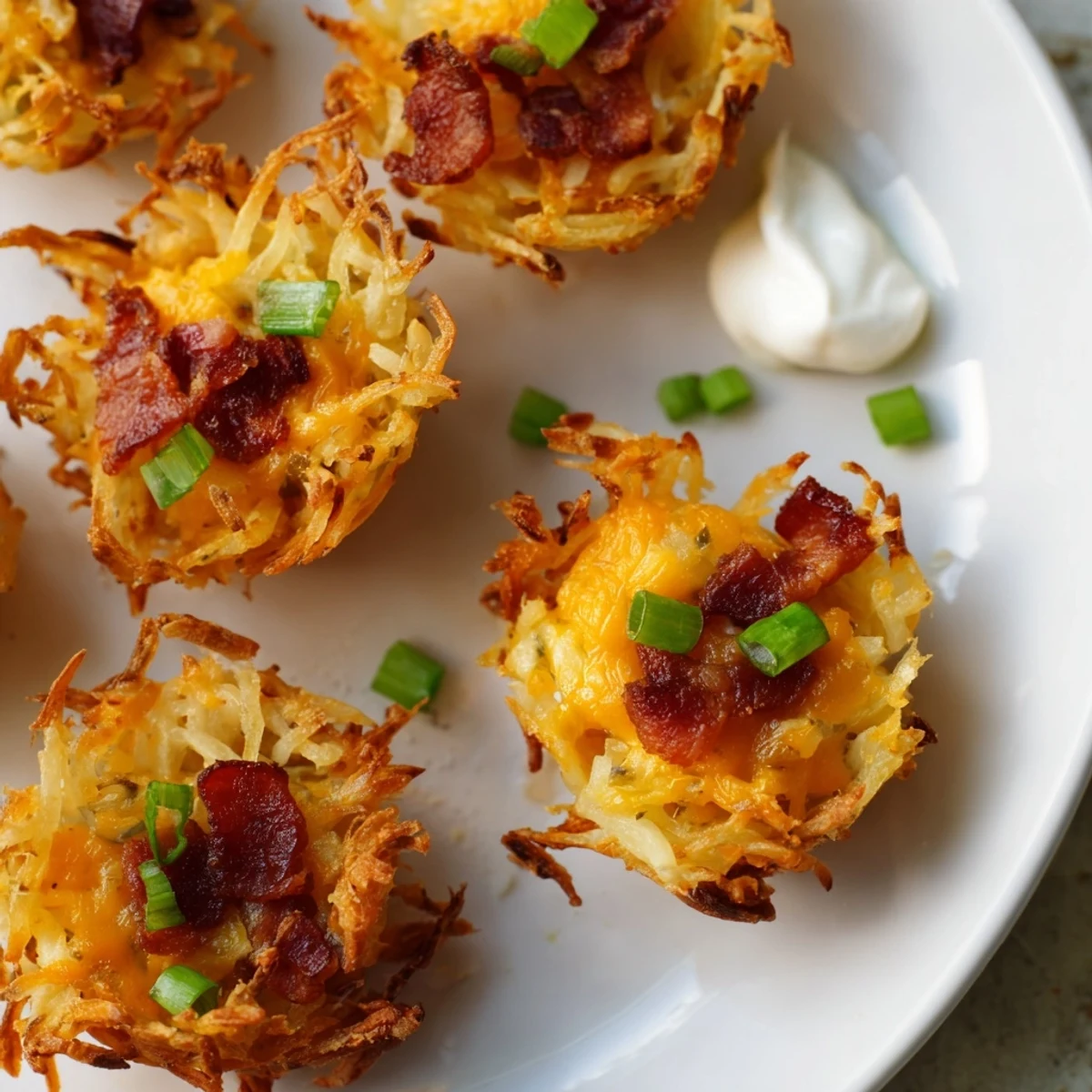 Crispy golden cheesy loaded hashbrown bites with melted cheddar and bacon on a platter