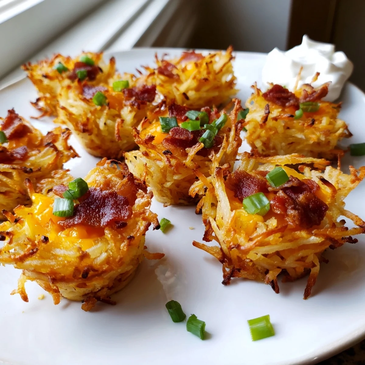Warm cheesy loaded hashbrown bites fresh from the oven garnished with green onions