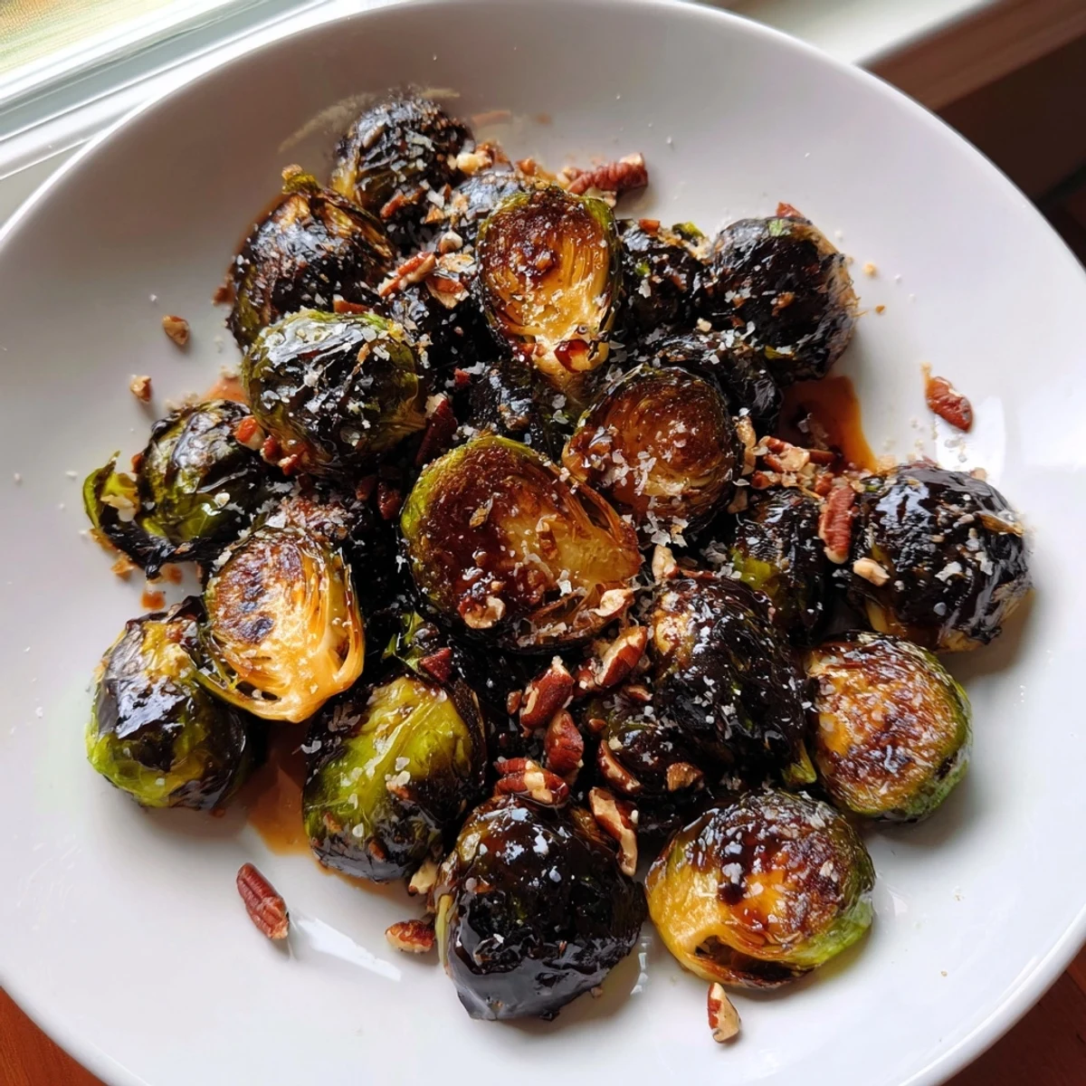 Golden honey balsamic Brussels sprouts roasted crispy on a parchment-lined baking sheet