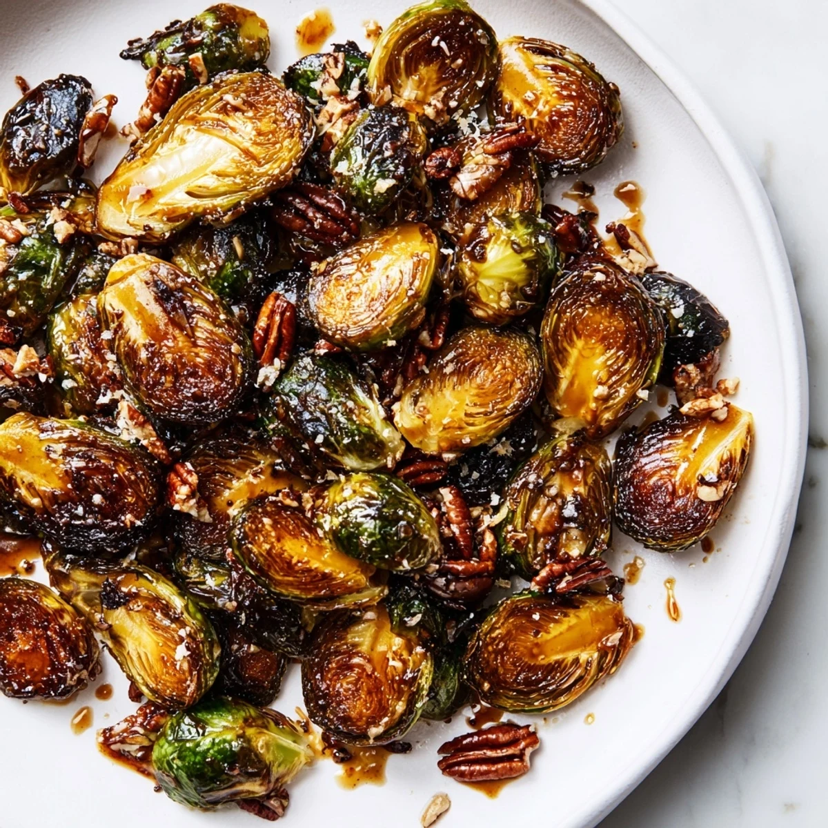 Caramelized honey balsamic Brussels sprouts glistening with glaze in a warm serving bowl