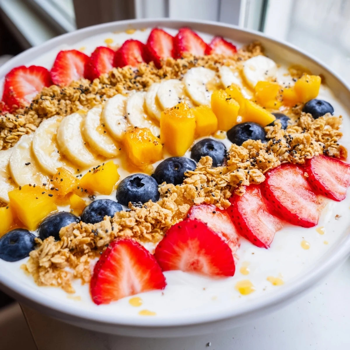 Creamy yogurt fruit bowl topped with fresh strawberries, blueberries, and crunchy granola