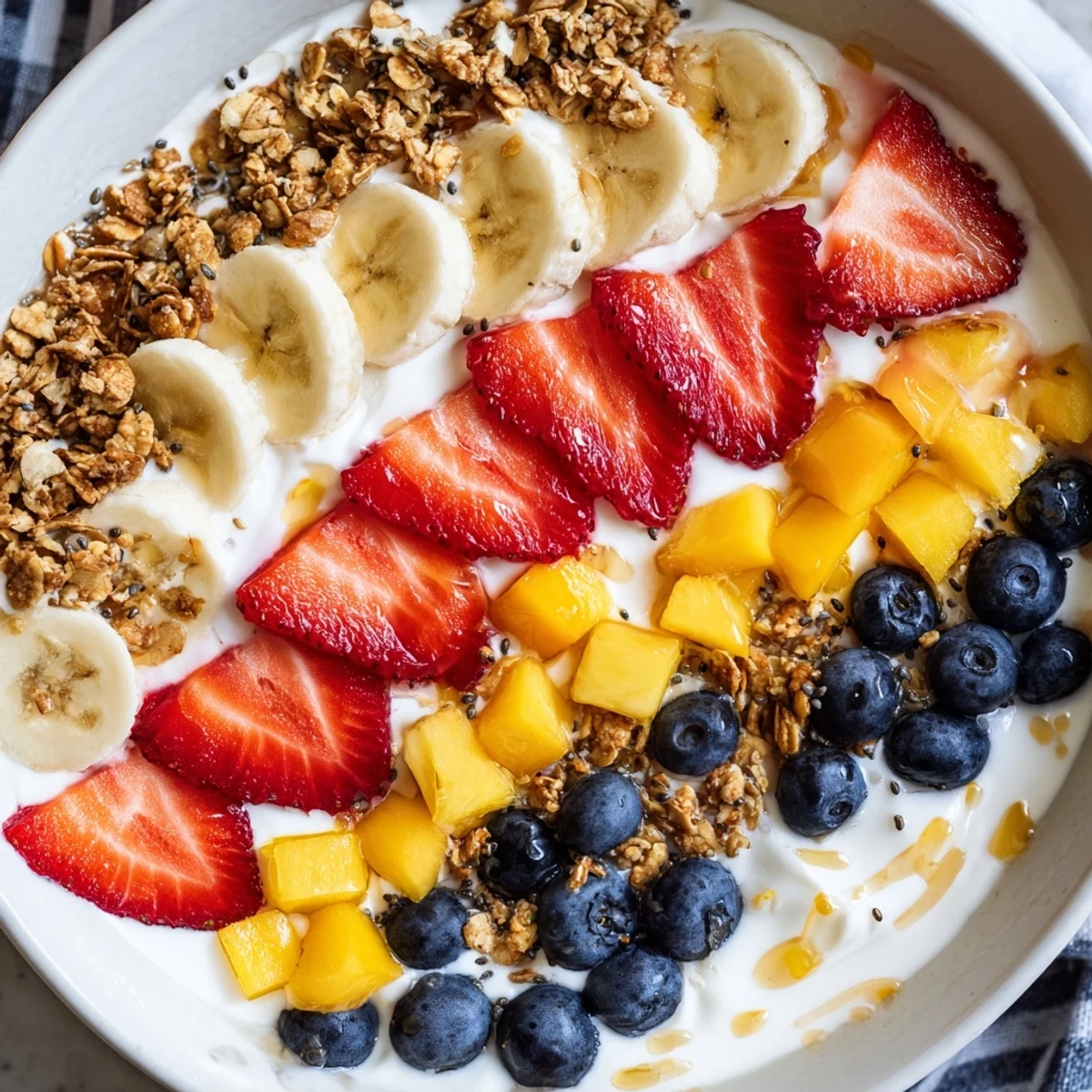 Healthy yogurt fruit bowl served in two bowls with seasonal berries and chia seeds