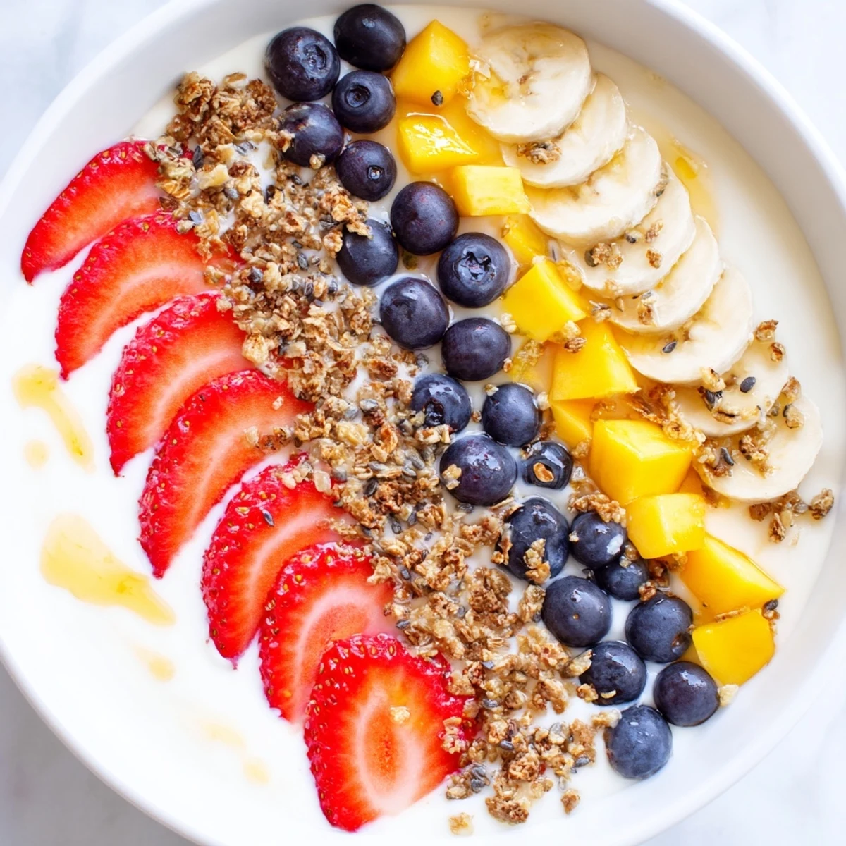 Vibrant yogurt fruit bowl featuring ripe mango, banana slices, and a honey drizzle