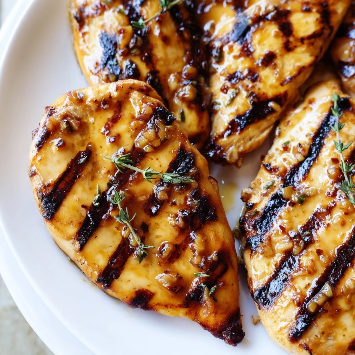 Golden grilled chicken thighs glazed with maple Dijon sauce, served with fresh thyme