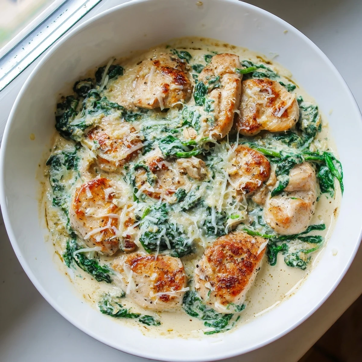 Golden seared Lemon Parmesan Spinach Chicken nestled in a creamy, vibrant garlic sauce