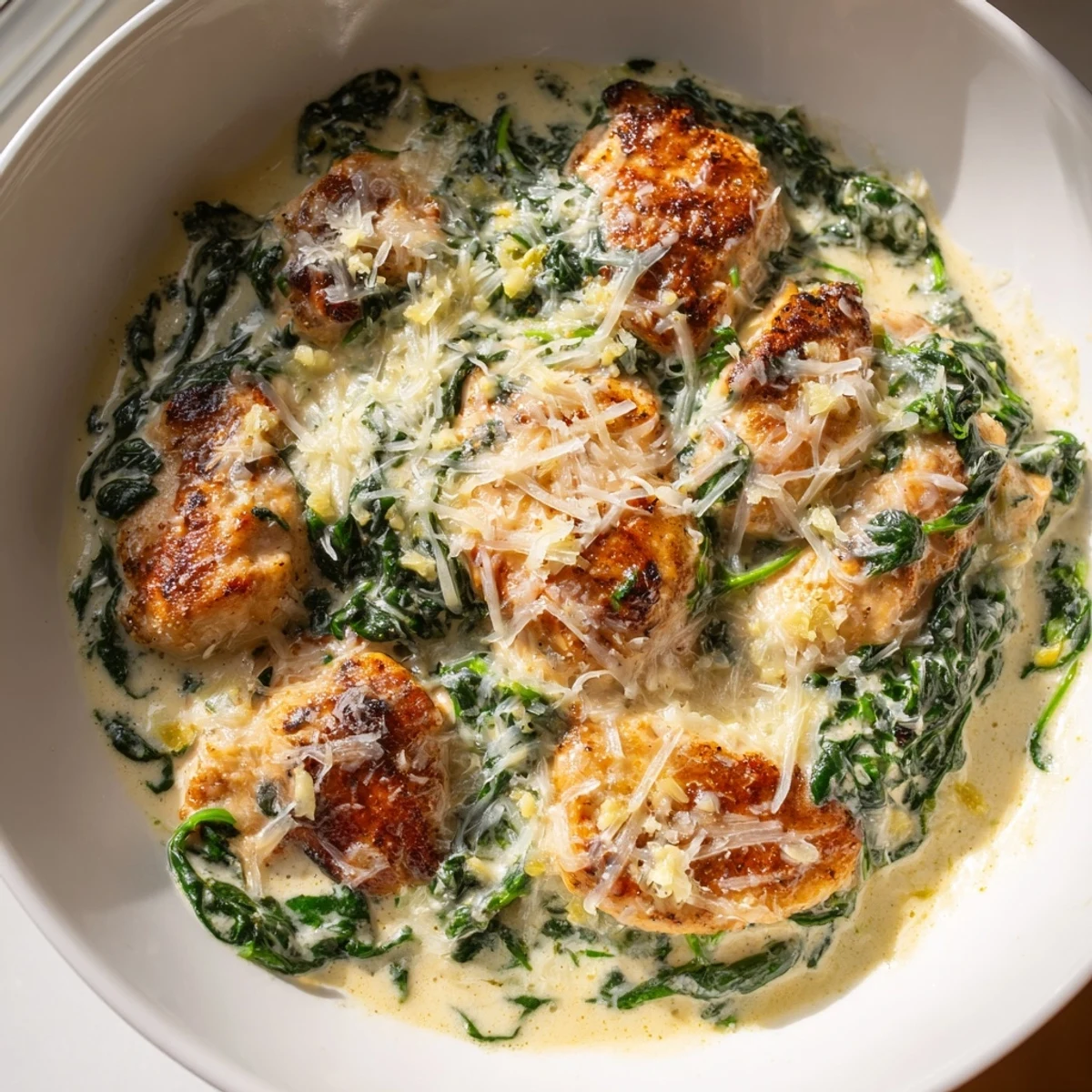 Juicy Lemon Parmesan Spinach Chicken topped with melted Parmesan over wilted green spinach