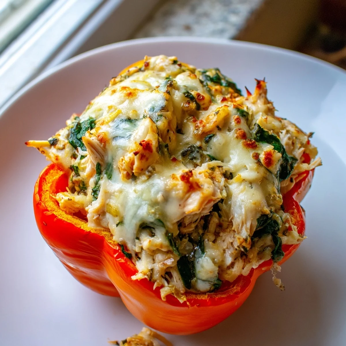 Golden bubbling mozzarella tops these chicken Florentine stuffed peppers fresh from the oven