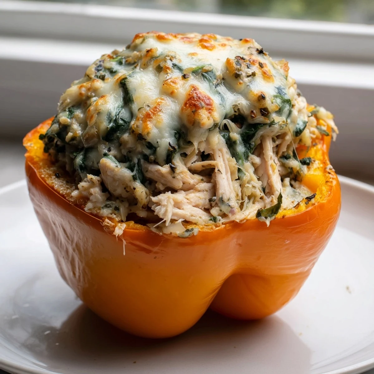 Colorful bell peppers overflowing with creamy chicken Florentine filling on a rustic plate