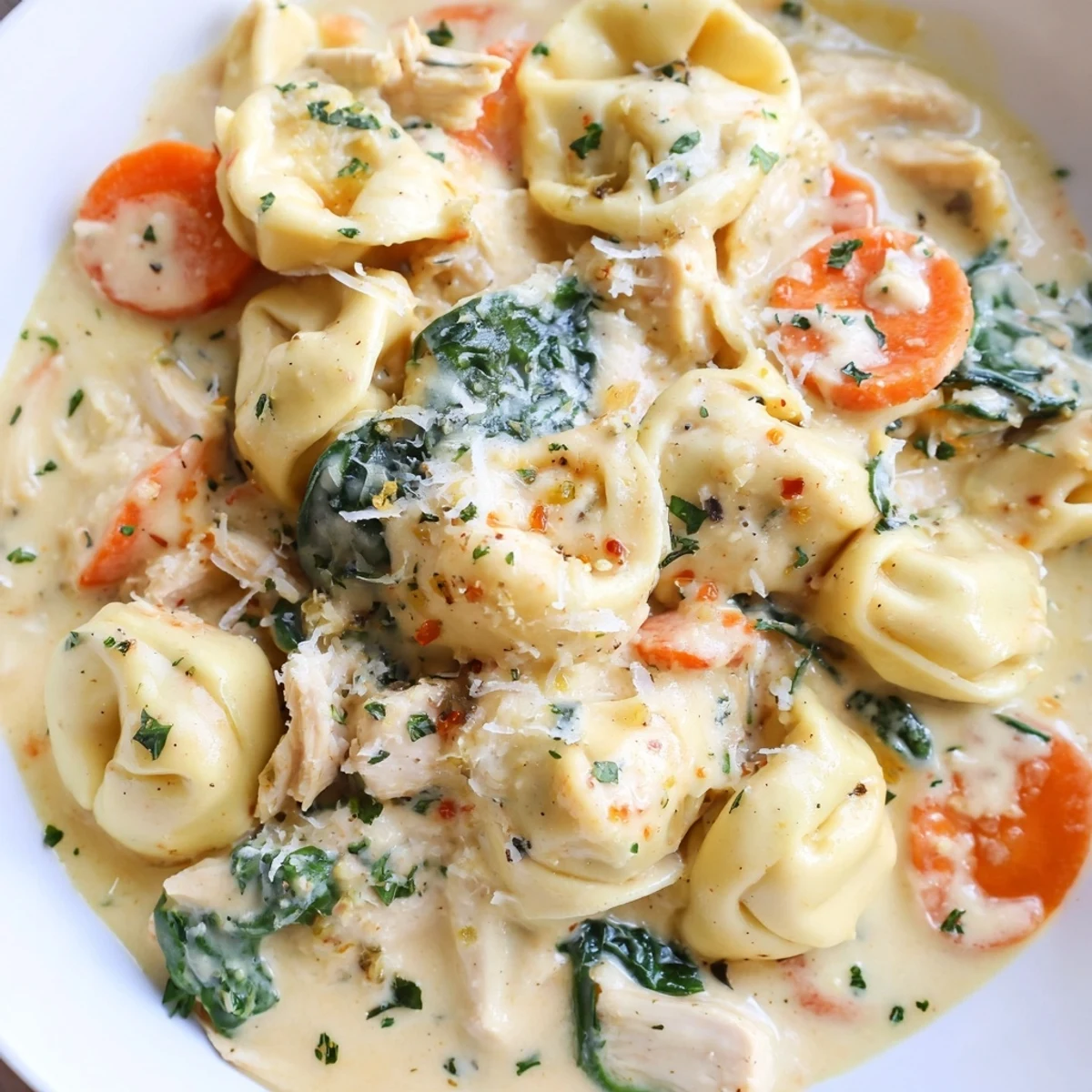 Golden shredded chicken and plump cheese tortellini simmered in a velvety slow-cooker cream sauce