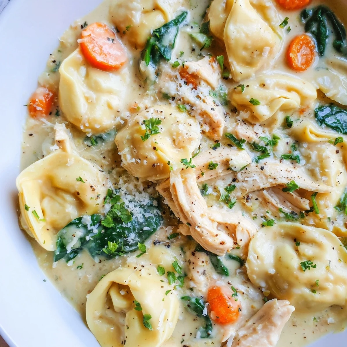 Creamy crockpot chicken tortellini in a rich sauce with tender vegetables and spinach