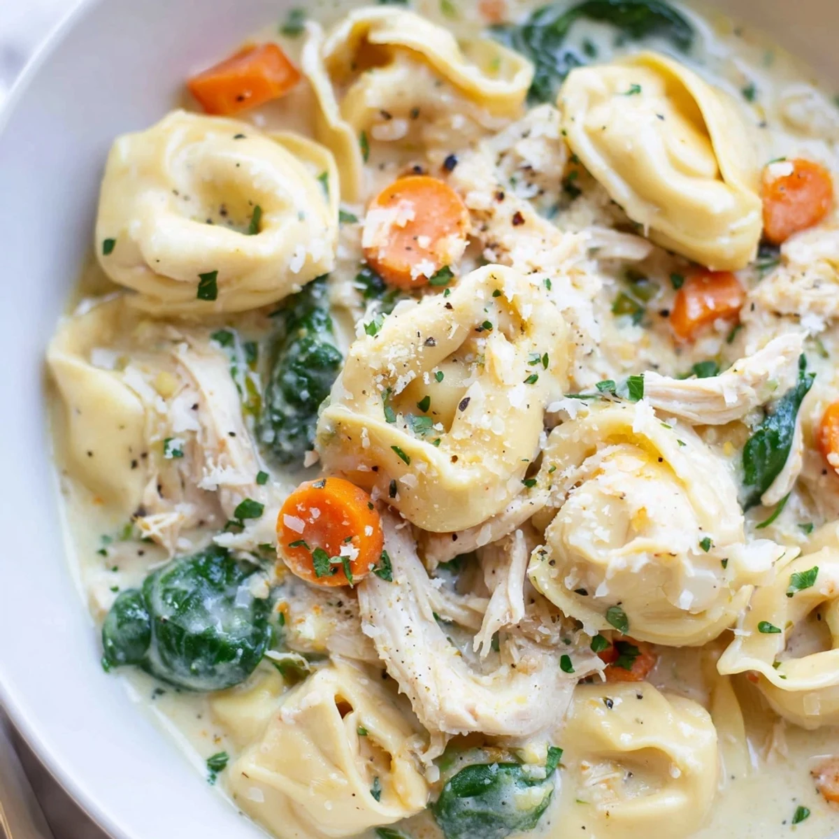 Steaming bowl of crockpot chicken tortellini garnished with fresh parsley and grated Parmesan