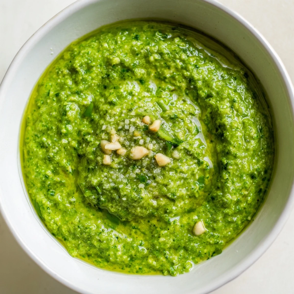 Vibrant green garlic scape pesto ready to toss with pasta or spread on crusty bread  