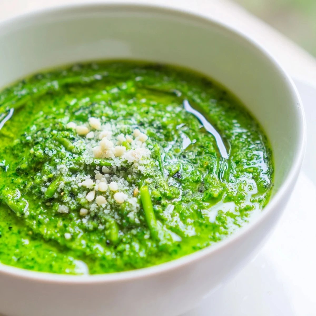 Creamy garlic scape pesto made with fresh basil, pine nuts, and Parmesan cheese  