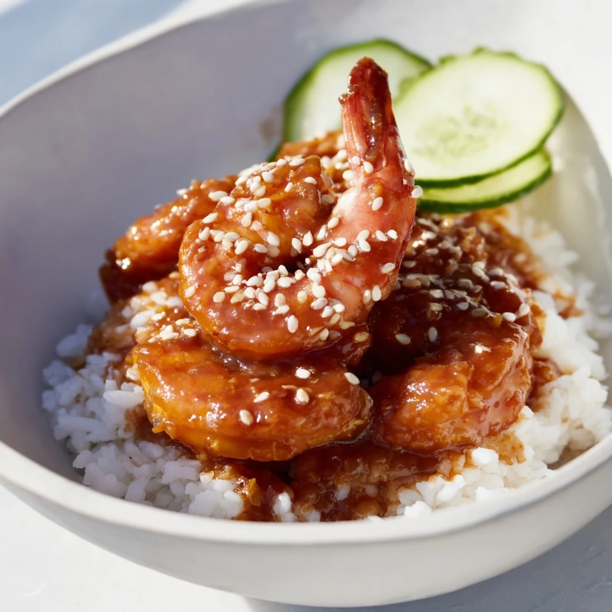 Vibrant teriyaki shrimp rice bowl featuring glazed shrimp over fluffy jasmine rice.  