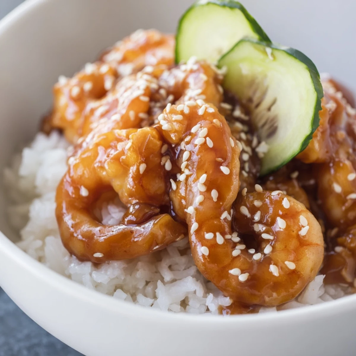 Succulent teriyaki shrimp rice bowls with crisp vegetables and sesame seeds.  