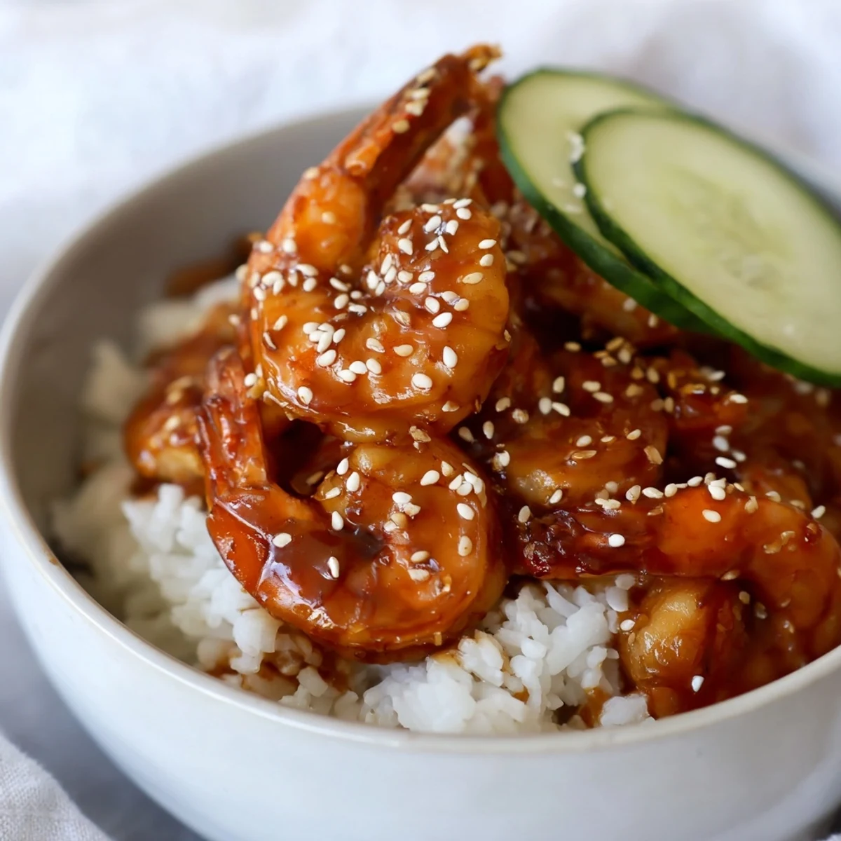 Delicious teriyaki shrimp rice bowls topped with fresh cucumber, carrot, and edamame.