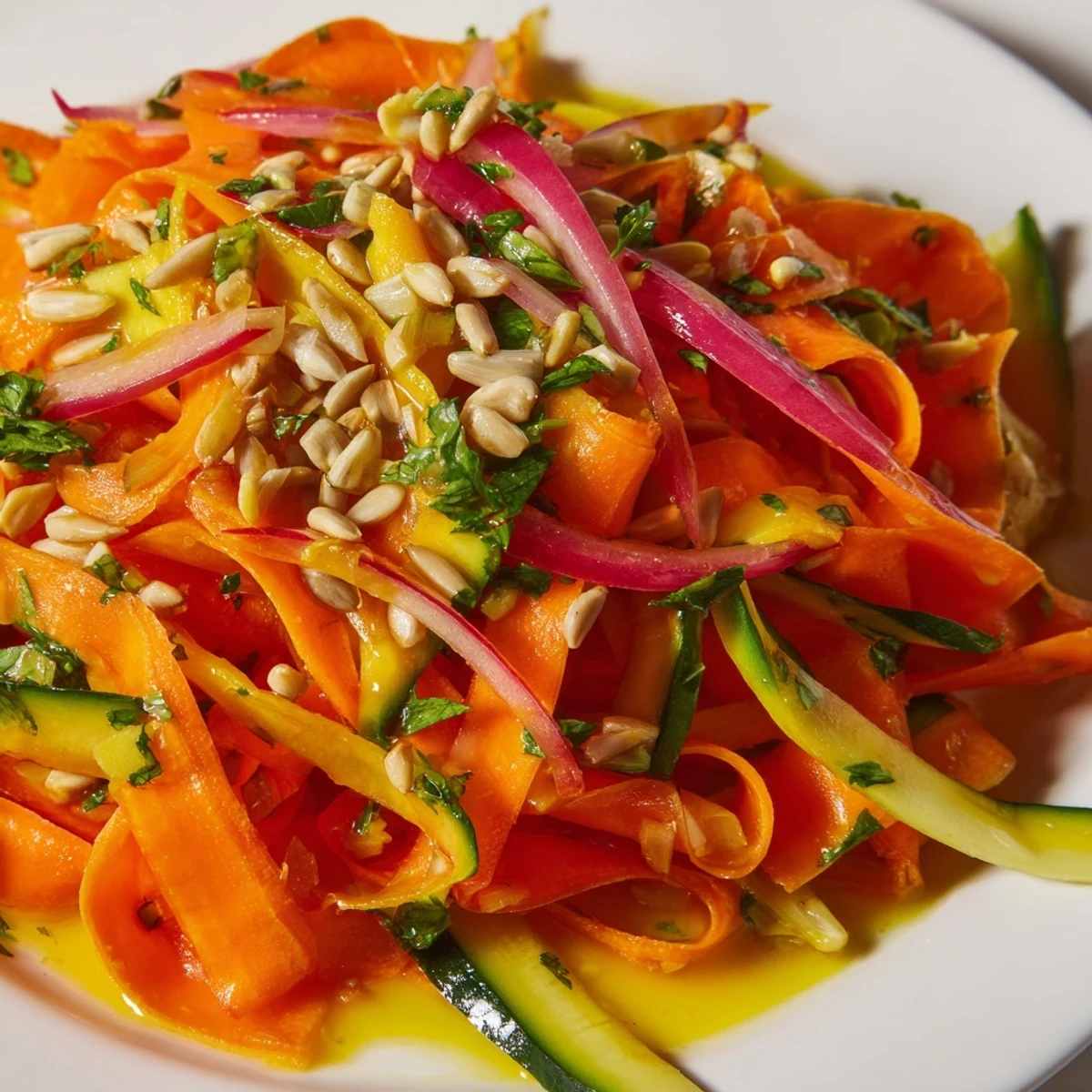 Colorful carrot ribbon salad tossed with zesty citrus dressing and fresh parsley.  