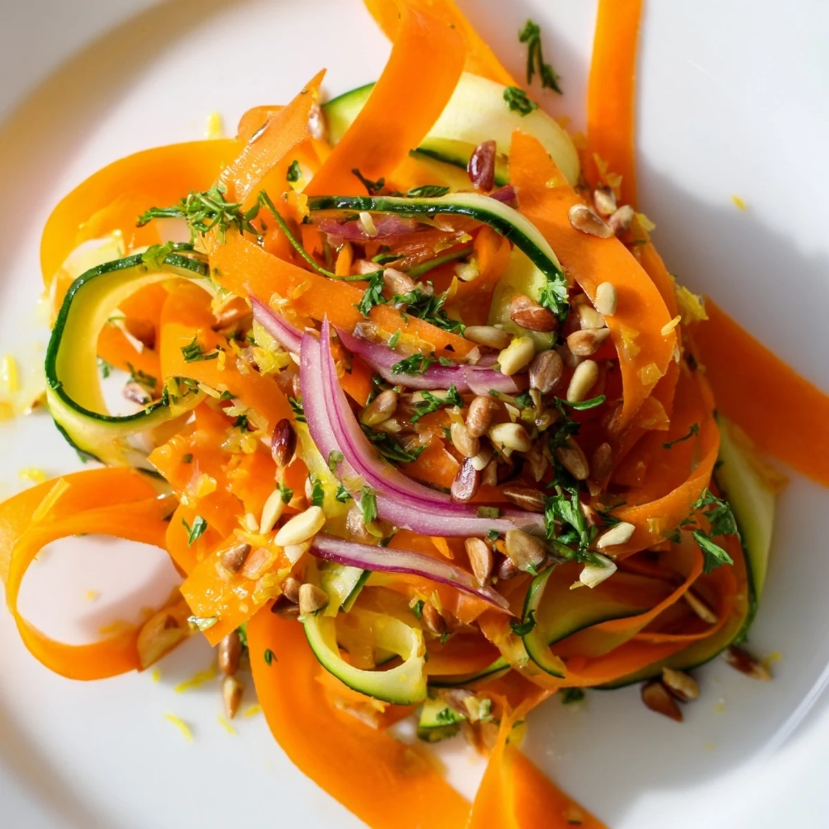 Fresh carrot ribbon salad with cucumber and a tangy lemon orange dressing.