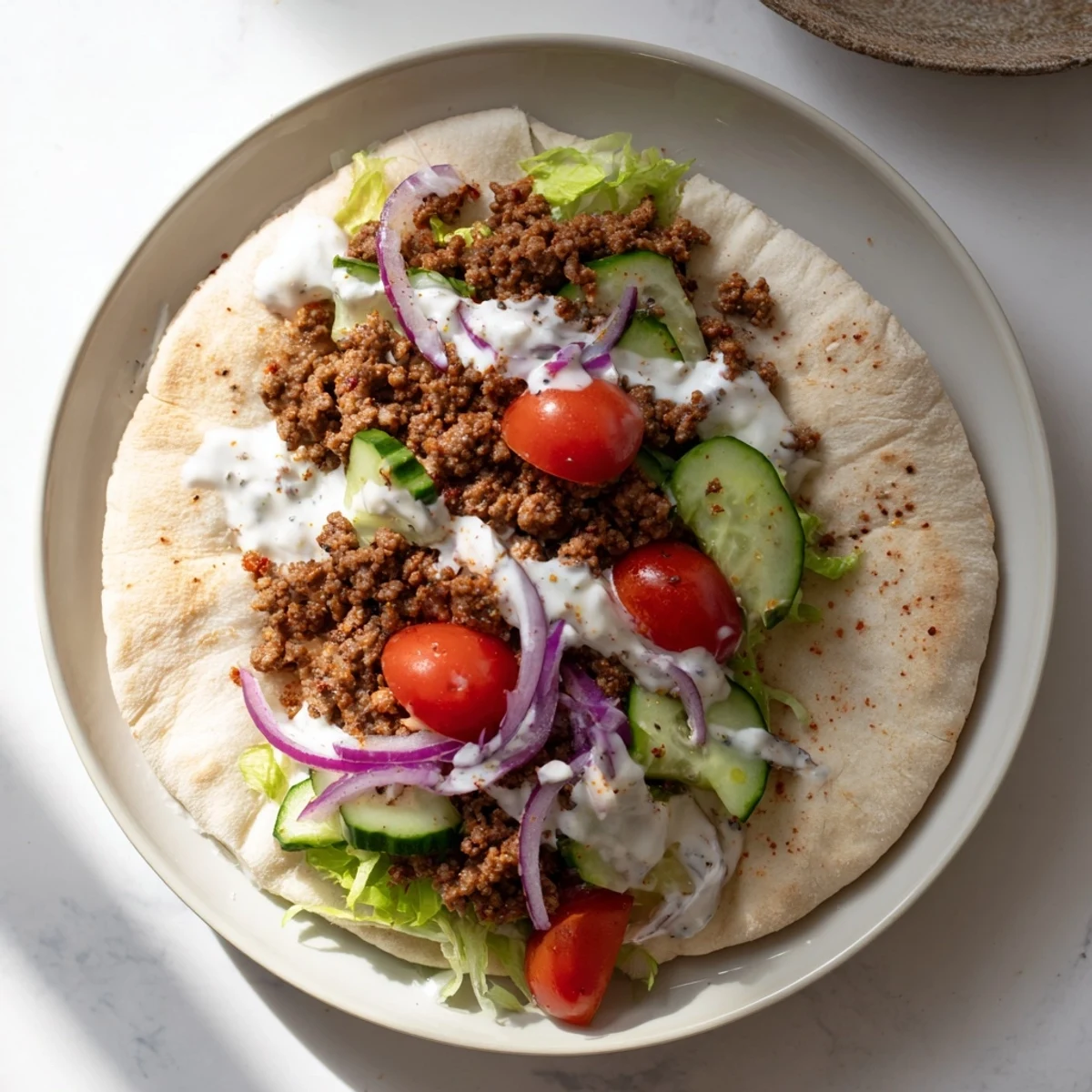 Warm pita pockets stuffed with Mediterranean ground beef and crisp fresh vegetables.  