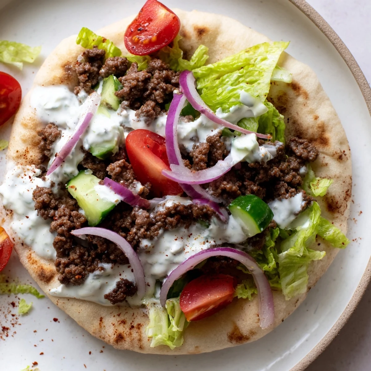 Golden brown spiced beef inside soft pita drizzled with creamy tangy yogurt sauce.  