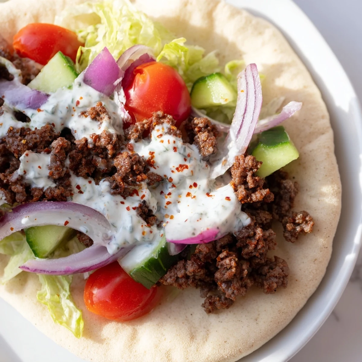 Delicious Mediterranean ground beef pita pockets topped with salad and savory yogurt dressing.