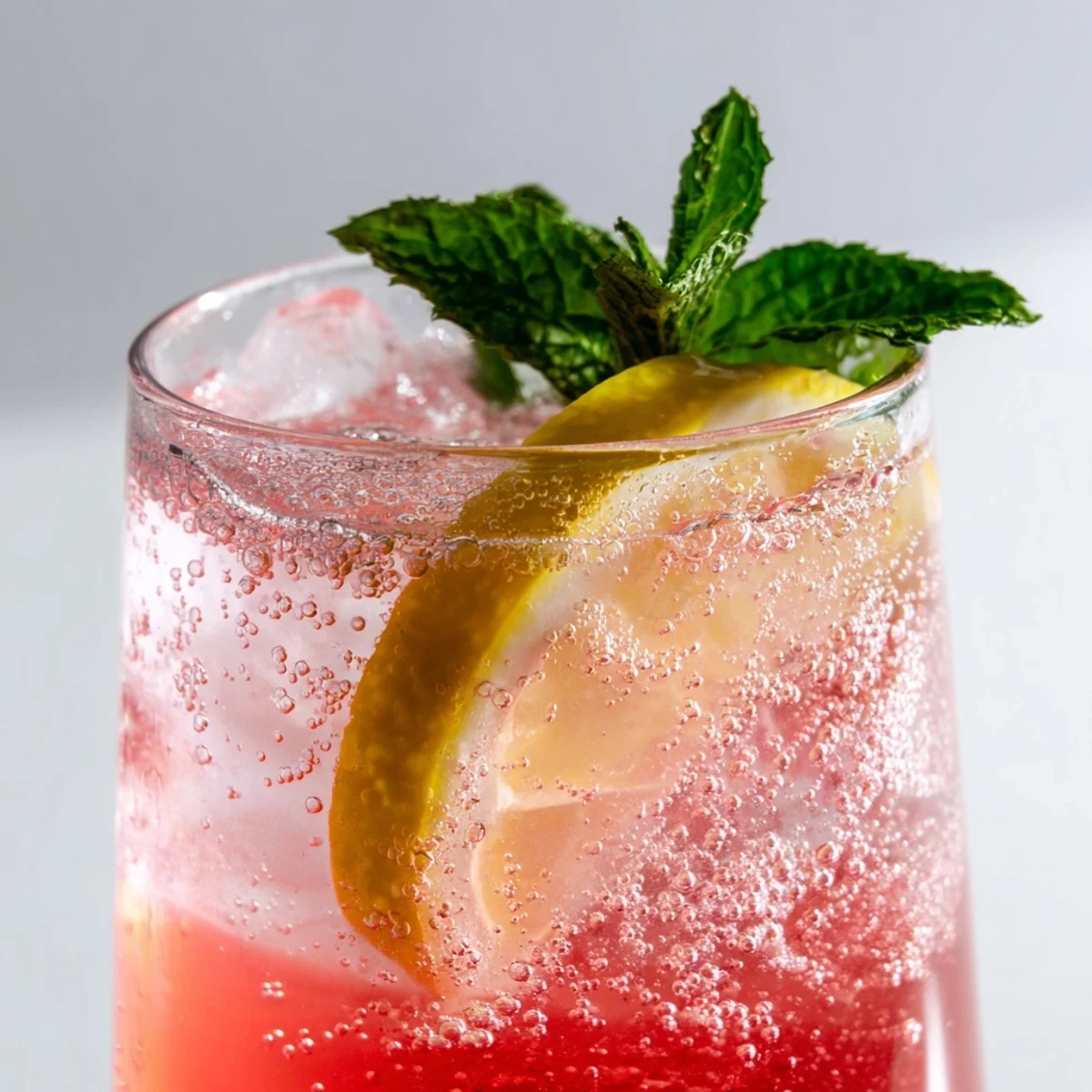 Garnished with fresh mint and lemon slices, this refreshing honey lemon pink soda sparkles in a glass.  