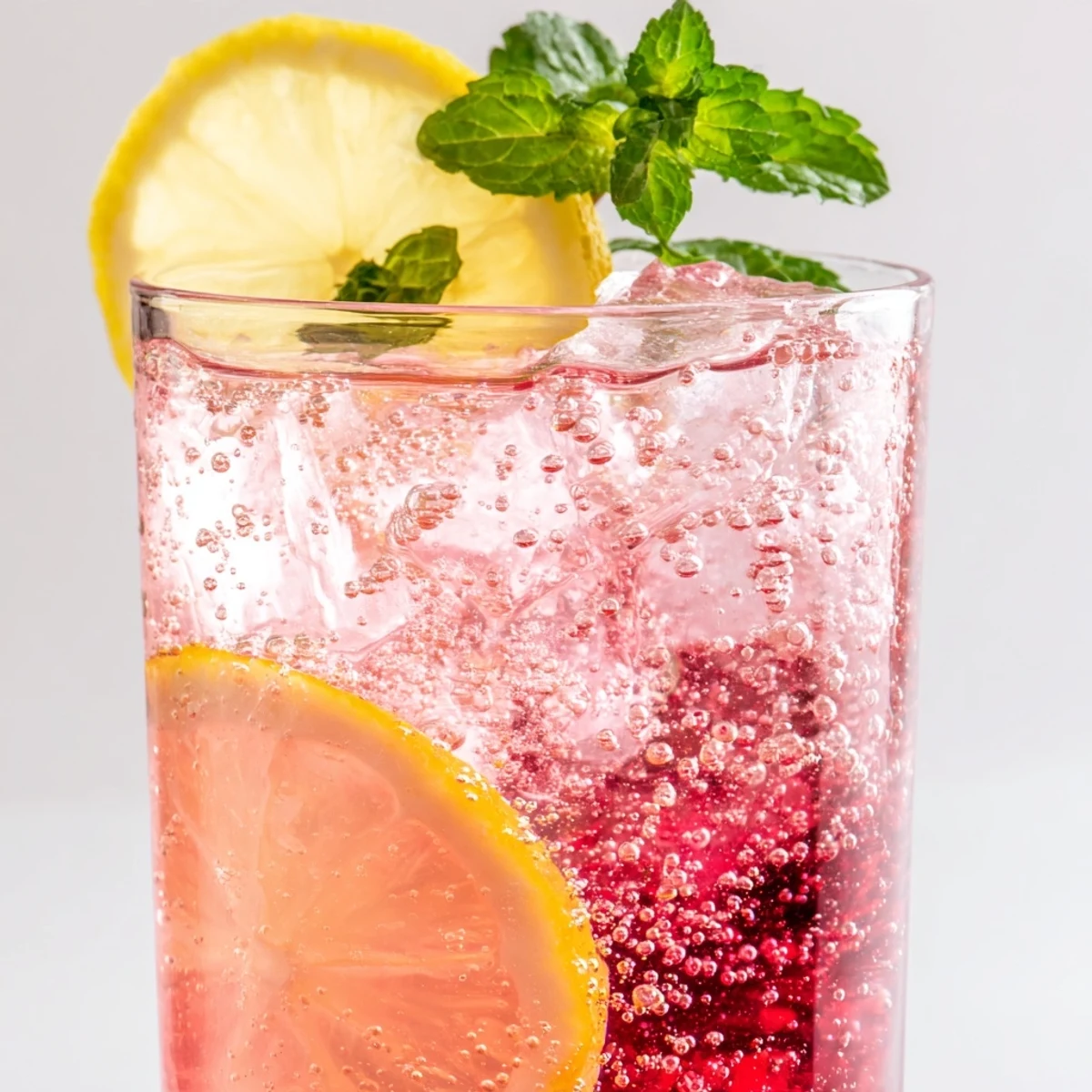 A tall glass of refreshing honey lemon pink soda filled with ice and fizzy bubbles.  