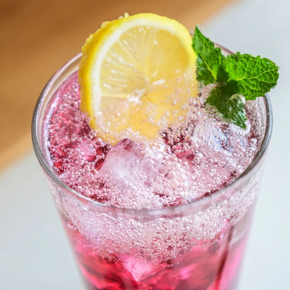 Golden honey swirls into pink tinted soda water for this vibrant and refreshing honey lemon pink soda.