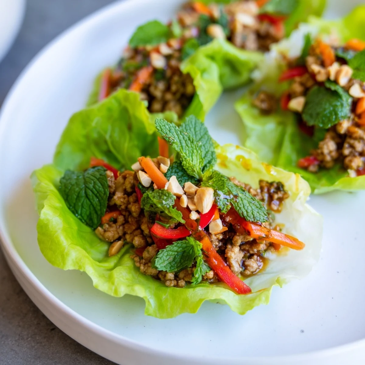 Savory Thai chicken lettuce wraps topped with fresh herbs and crunchy peanuts.