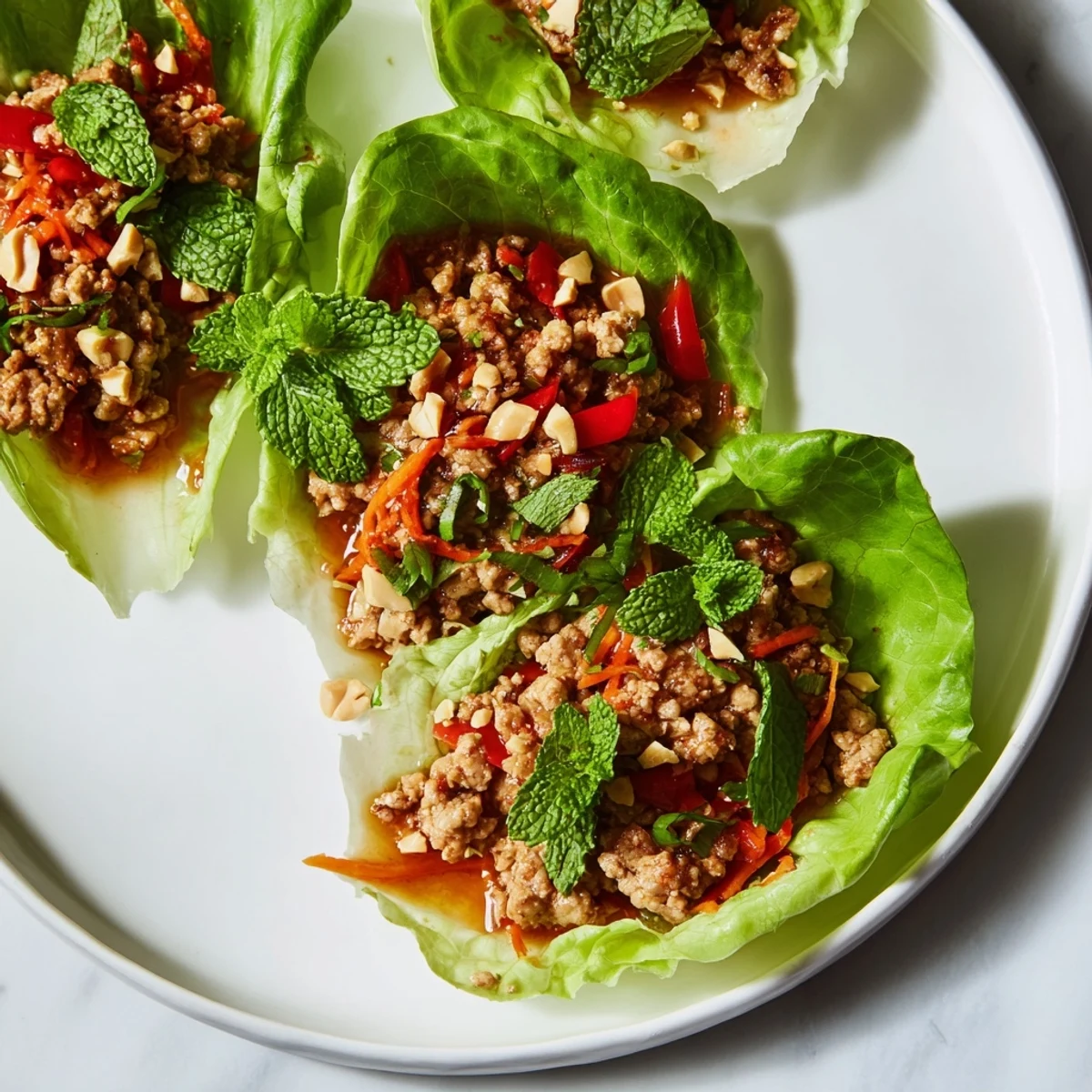 Healthy Thai chicken lettuce wraps served with lime wedges and fresh cilantro.