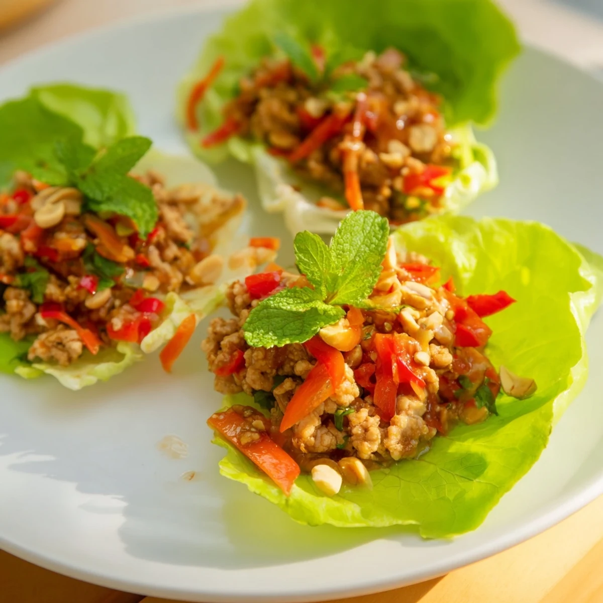 Crisp butter lettuce cups filled with aromatic Thai chicken and colorful vegetables.