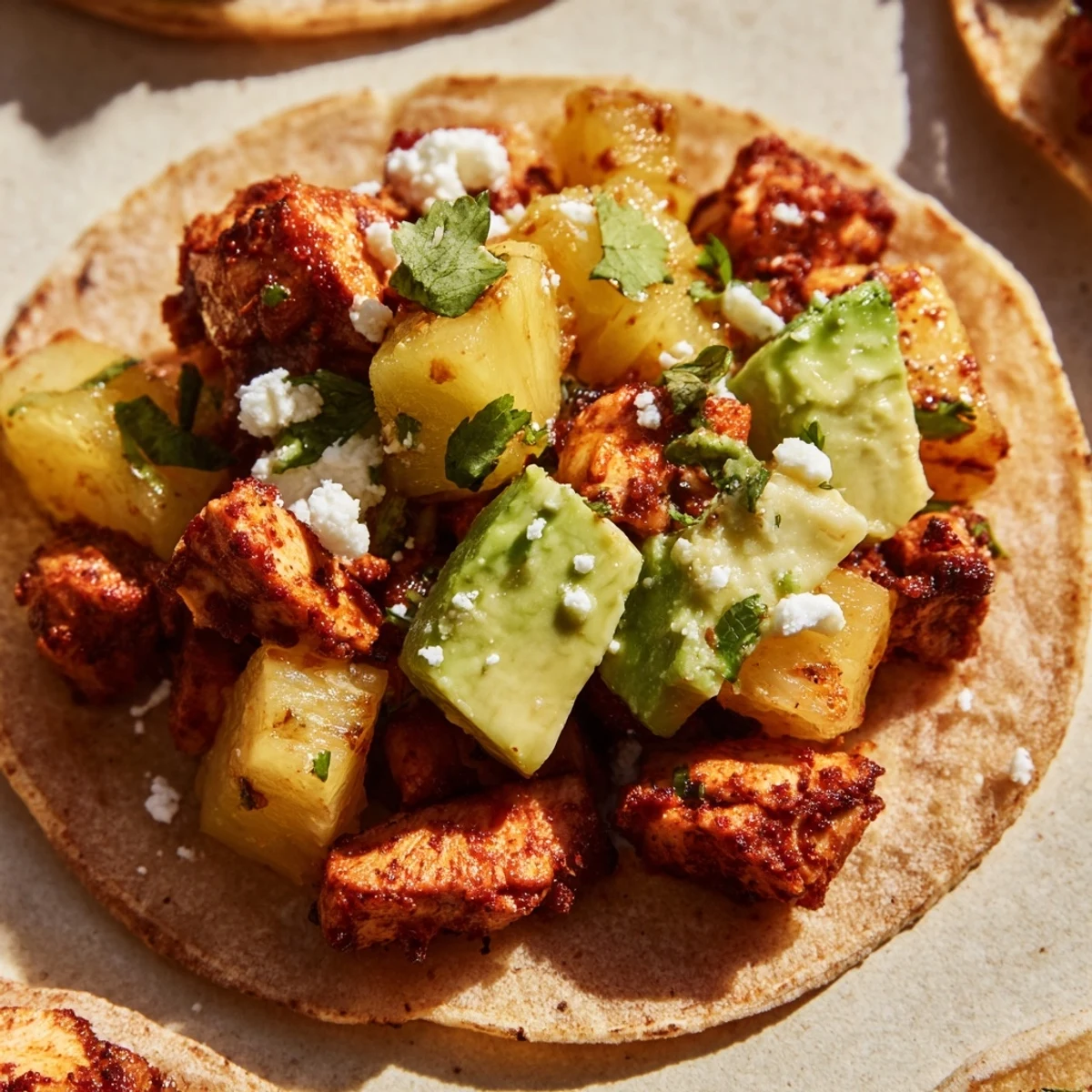 Savory spiced chicken and sweet pineapple tacos served with fresh lime wedges.  