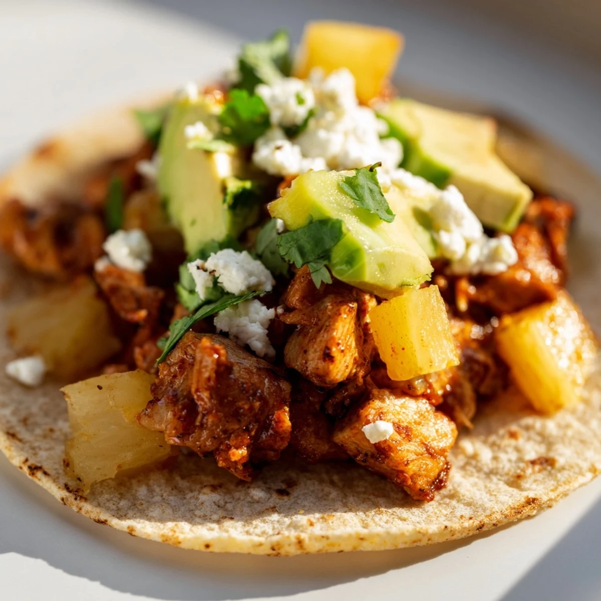 Golden chicken and caramelized pineapple fill soft tortillas in these vibrant tacos.  