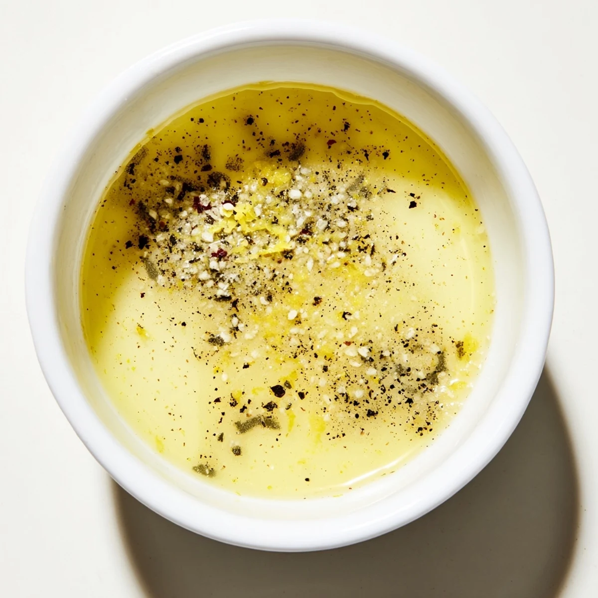 Bright lemon vinaigrette dressing drizzled over fresh green salad with lemon zest.  