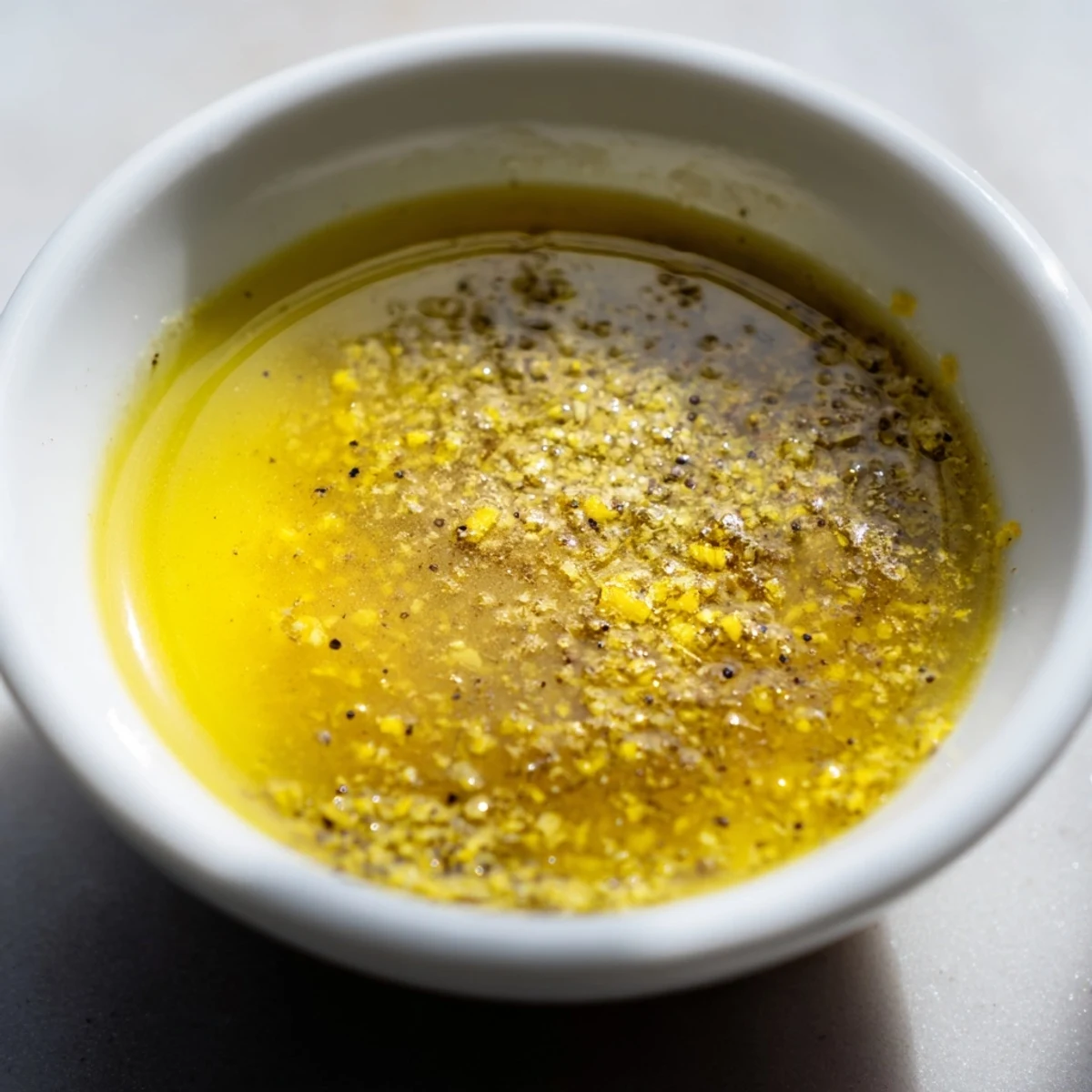 Golden emulsified lemon vinaigrette dressing recipe ready in a glass jar for marinating.  