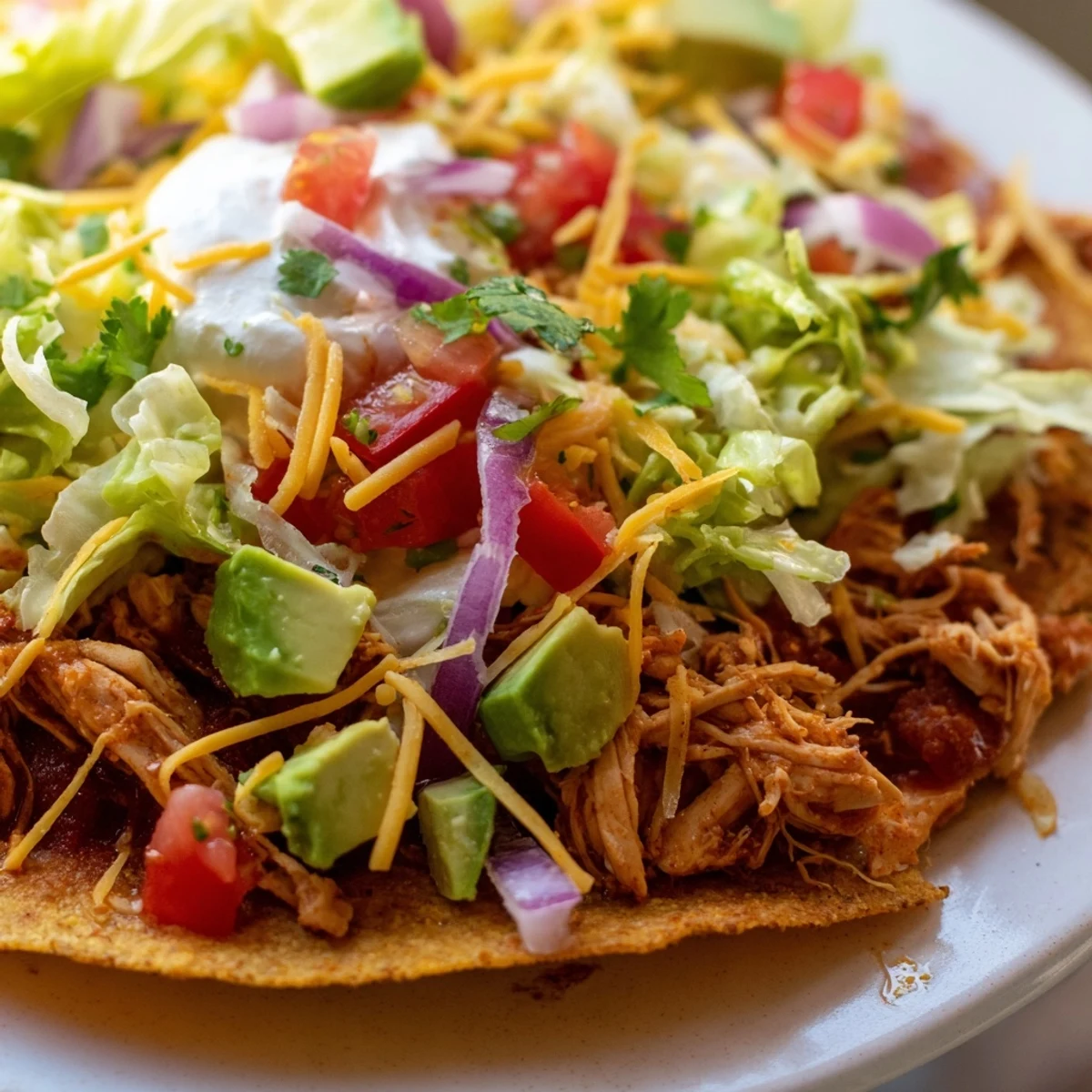 Ultimate Chicken Tostadas served with lime wedges and sour cream on crisp tortillas.