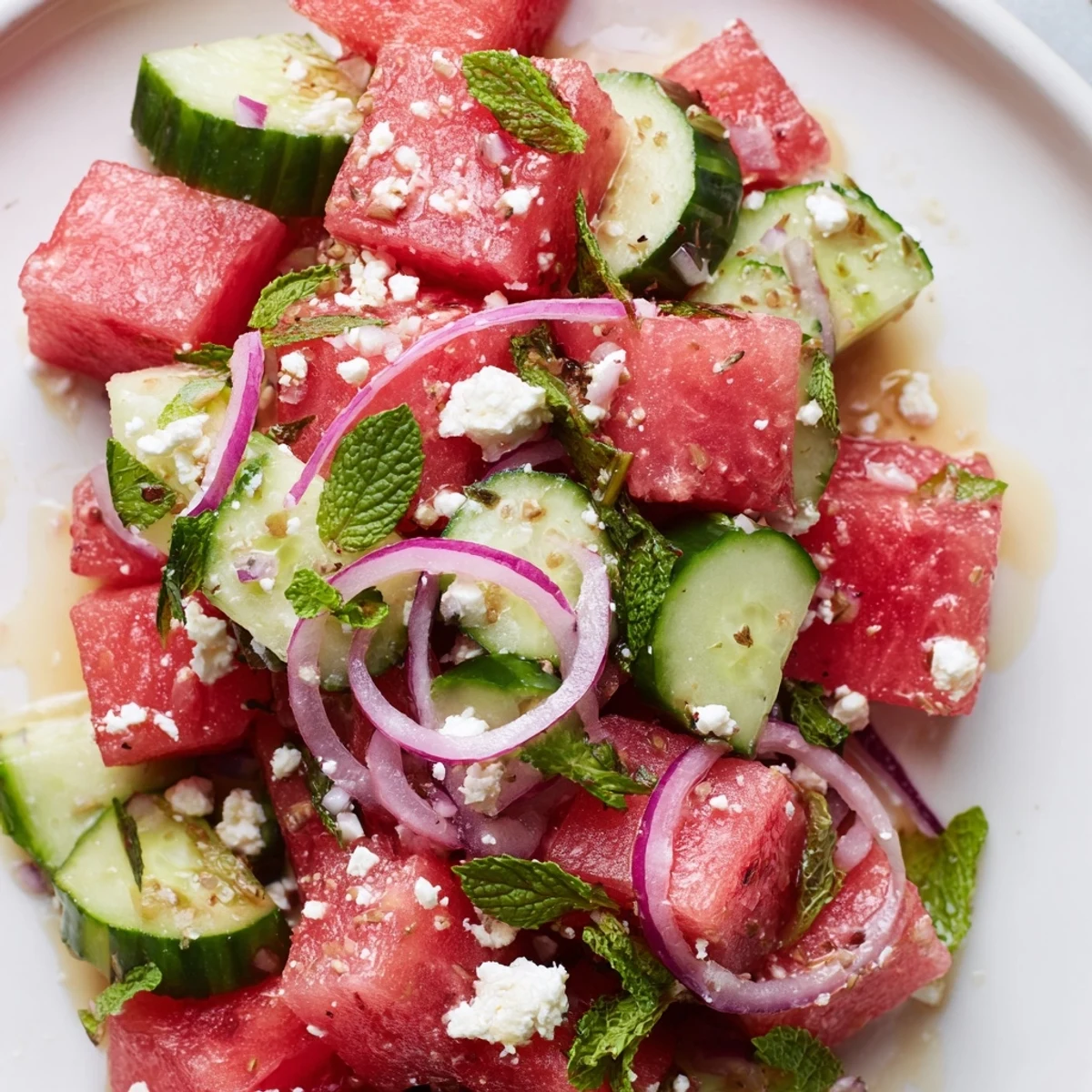 Fresh watermelon cucumber salad with mint and feta in a bowl.