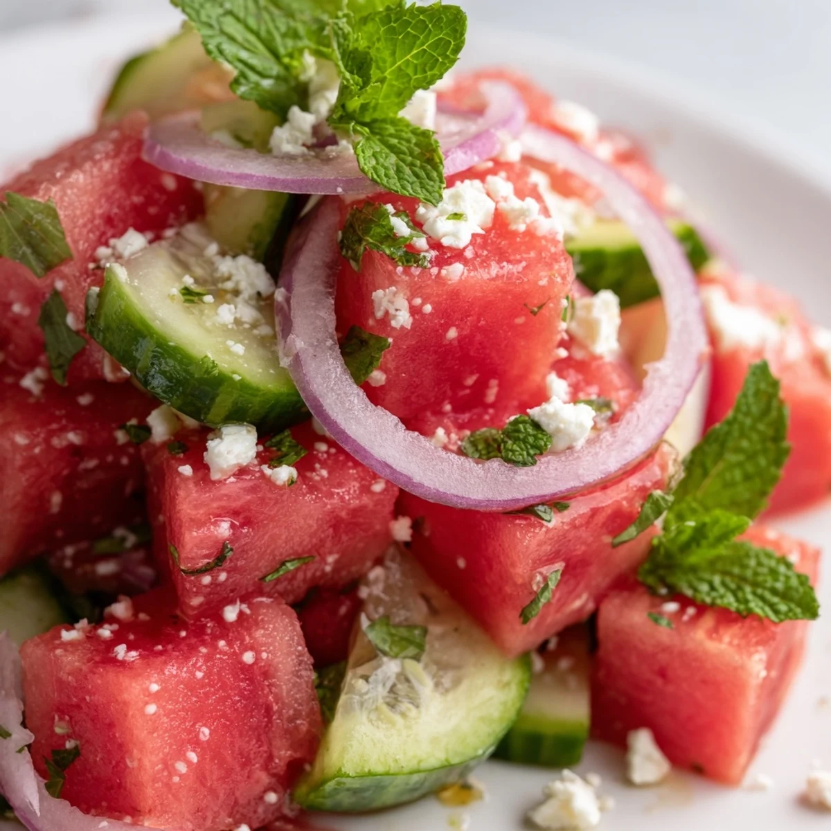 Vibrant watermelon cucumber salad topped with tangy lime dressing and cheese.