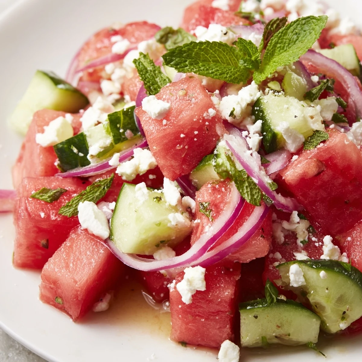 Crisp watermelon cucumber salad with mint and crumbled feta on a plate.