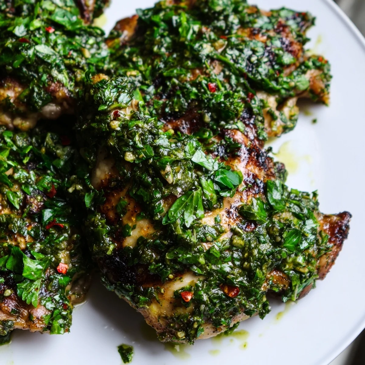 Golden grilled chimichurri chicken thighs topped with vibrant green herb sauce.