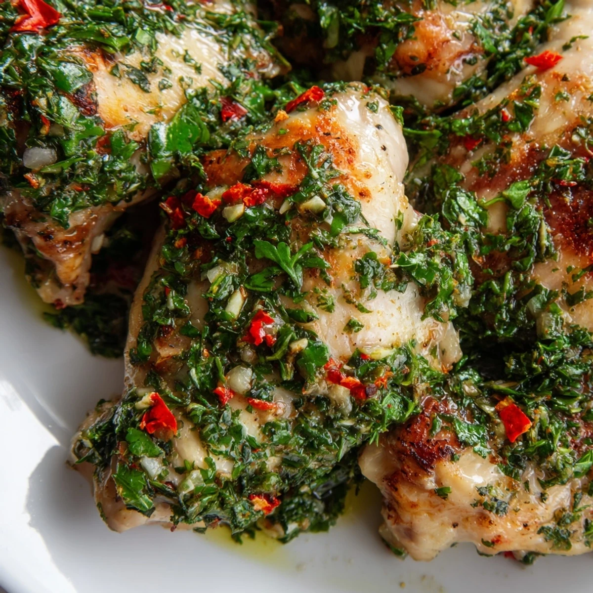 Juicy chimichurri chicken thighs served with fresh parsley and oregano marinade.